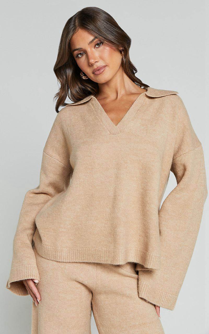 Showpo Livia Jumper - Knitted V Neck Collared Jumper Beige Marl | LMGOAC631