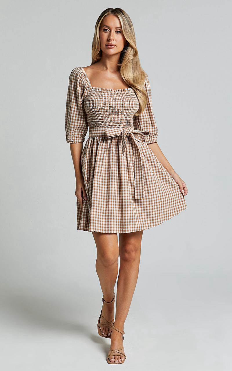 Showpo Liza Mini Dress - Shirred Bodice Short Sleeve Tie Dress Caramel And White Gingham | JGNPDO386