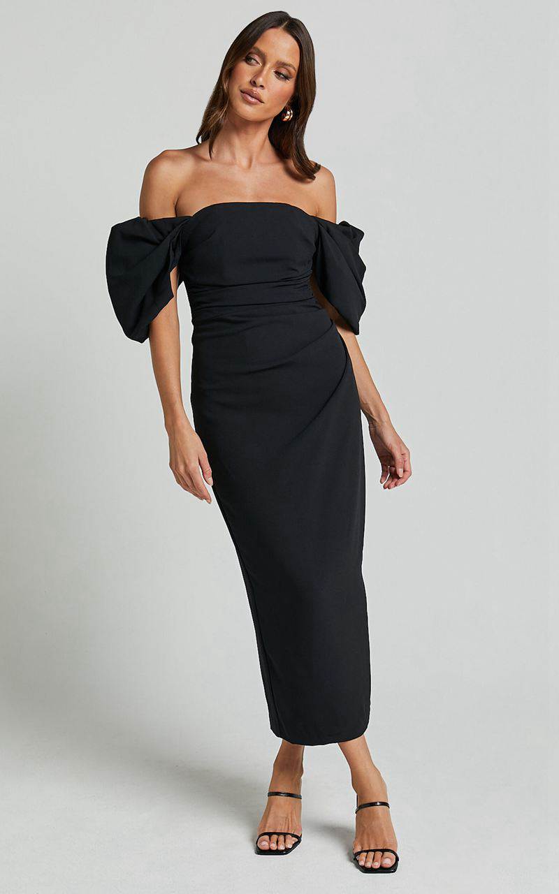 Showpo Lohan Midi Dress - Off Shoulder Puff Sleeve Black | MJOFCX809