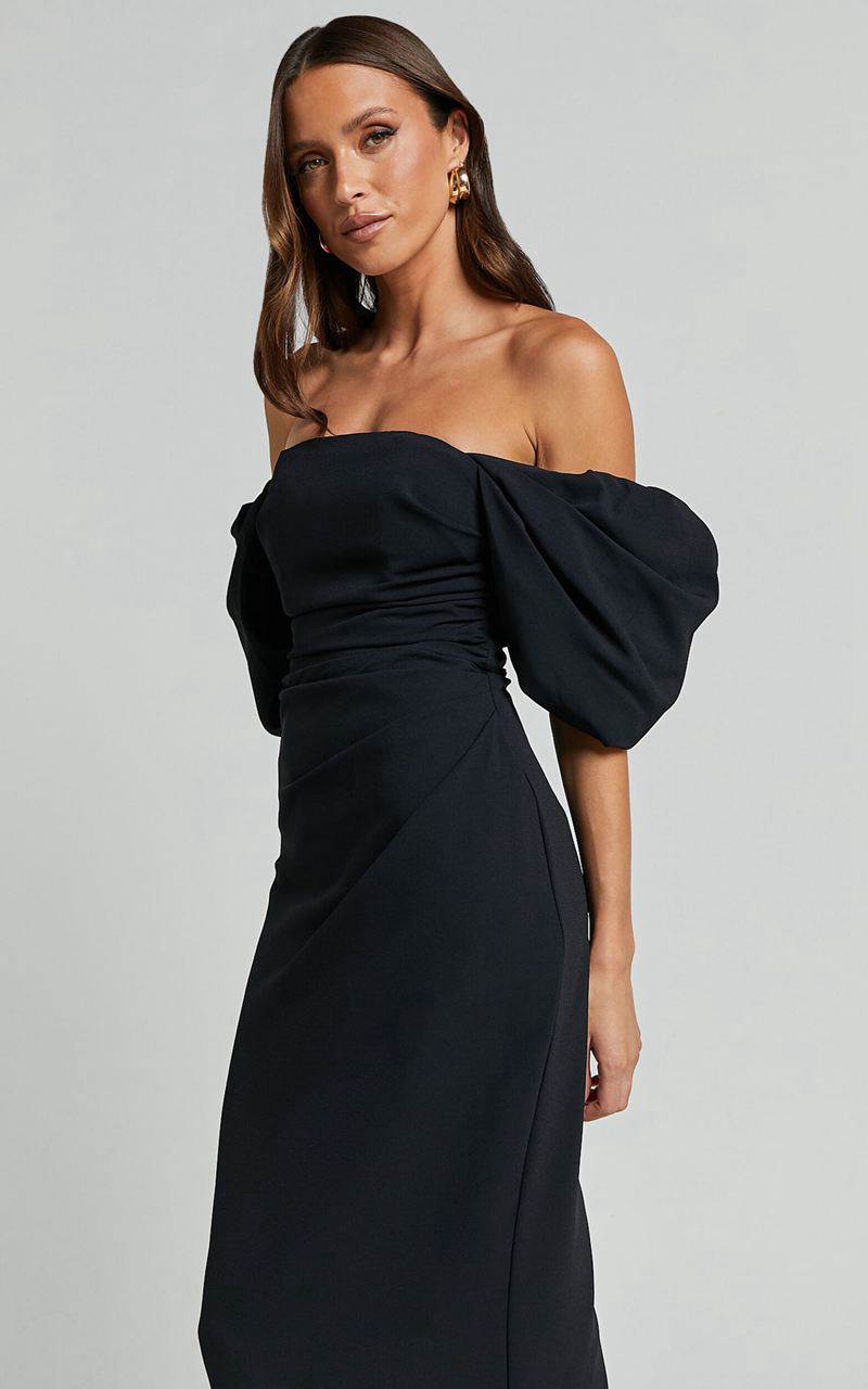 Showpo Lohan Midi Dress - Off Shoulder Puff Sleeve Black | MJOFCX809