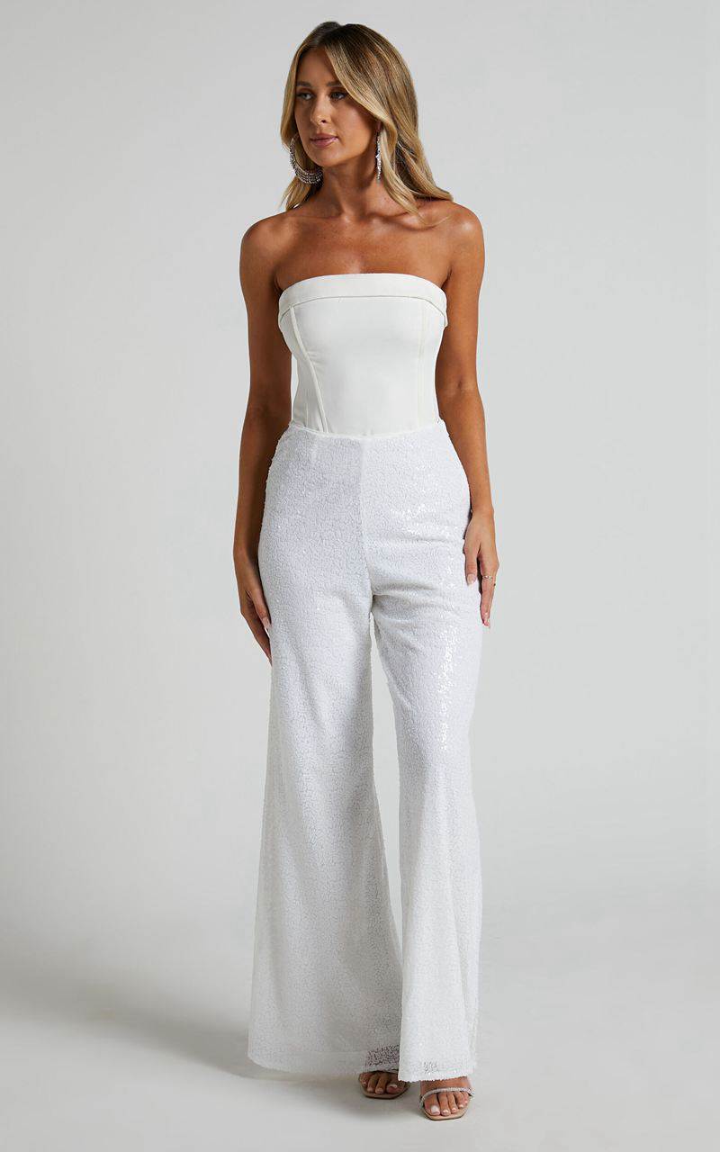 Showpo Looma Sequin Pants - High Waisted Super Wide Leg Pants White | WCDIJY309