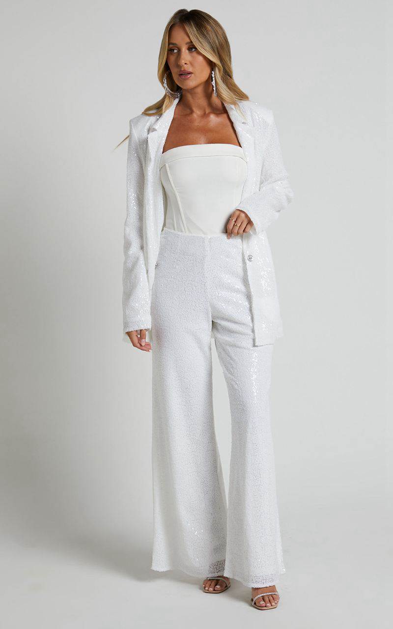 Showpo Looma Sequin Pants - High Waisted Super Wide Leg Pants White | WCDIJY309