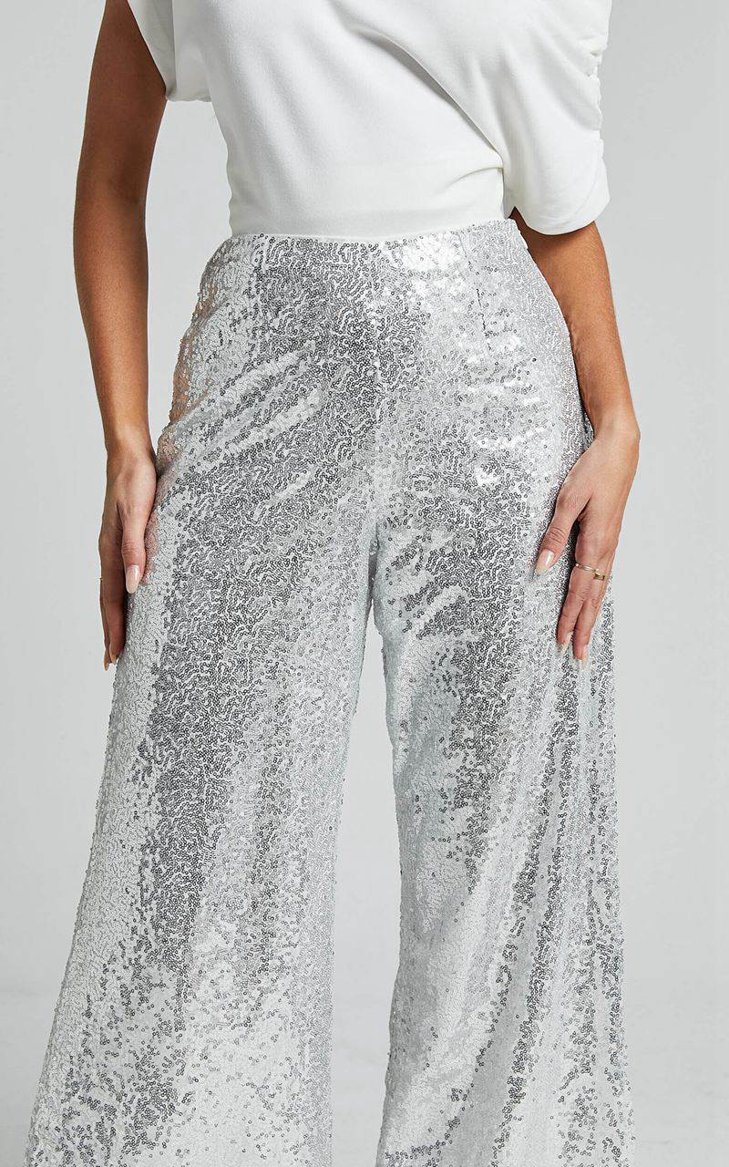 Showpo Looma Sequin Pants - High Waisted Super Wide Leg Pants Silver | BHTMRI293