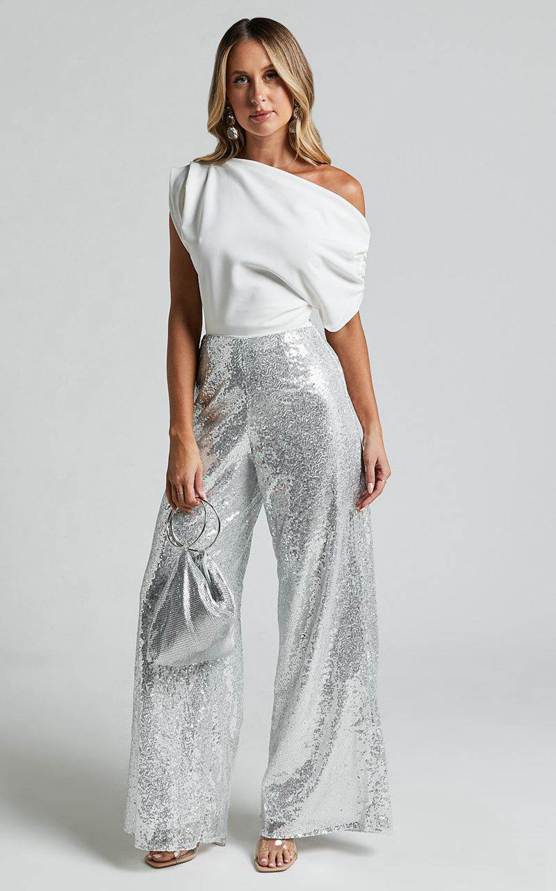 Showpo Looma Sequin Pants - High Waisted Super Wide Leg Pants Silver | BHTMRI293