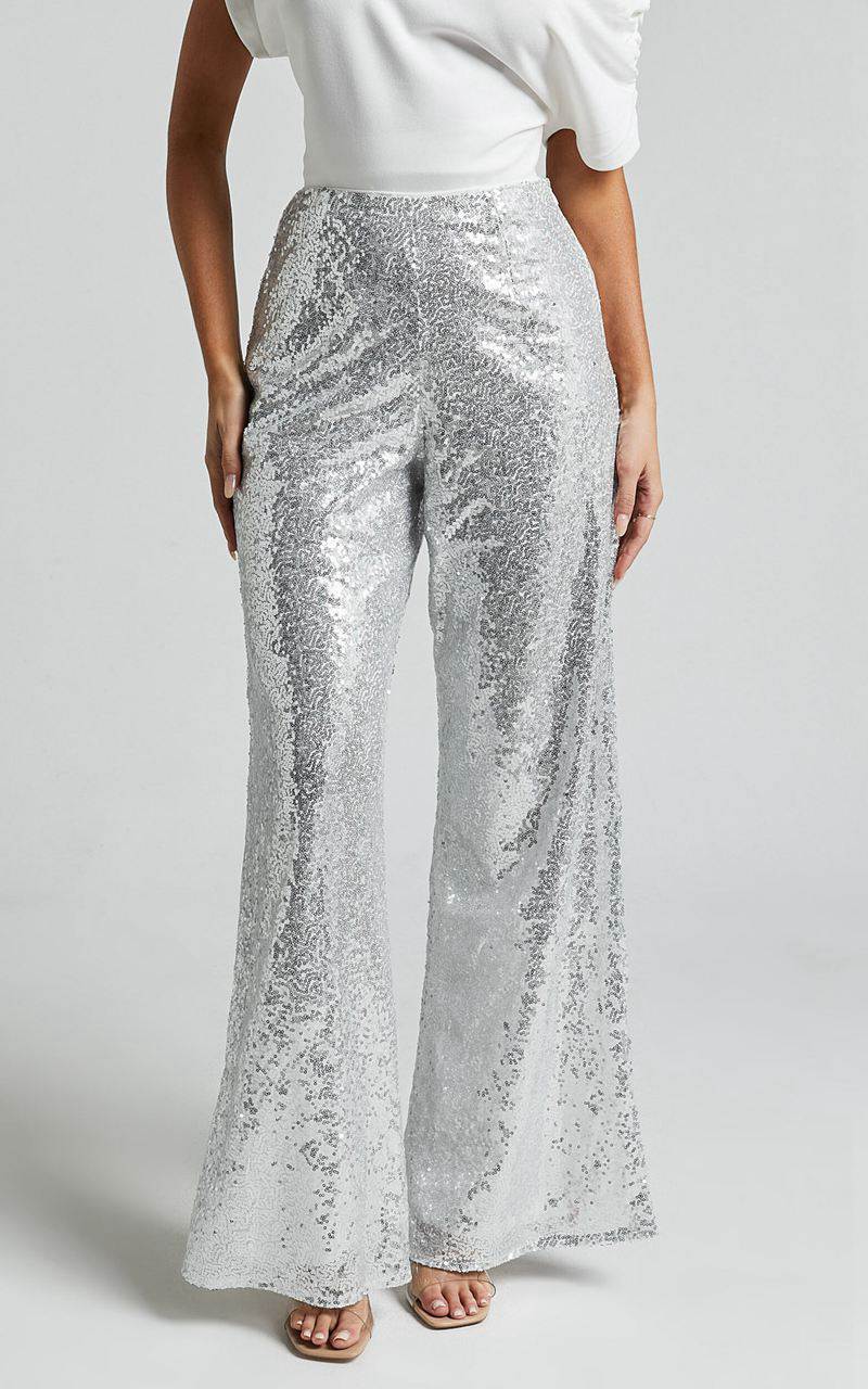 Showpo Looma Sequin Pants - High Waisted Super Wide Leg Pants Silver | BHTMRI293