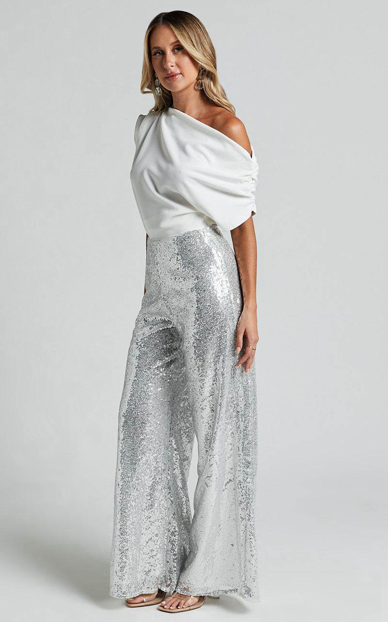 Showpo Looma Sequin Pants - High Waisted Super Wide Leg Pants Silver | BHTMRI293