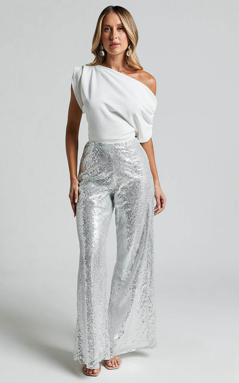 Showpo Looma Sequin Pants - High Waisted Super Wide Leg Pants Silver | BHTMRI293