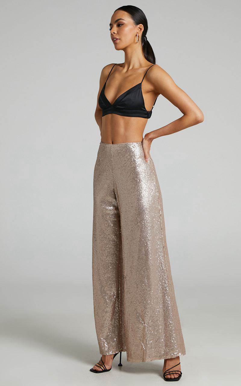 Showpo Looma Sequin Pants - High Waisted Super Wide Leg Pants Champagne | XQUAKT730