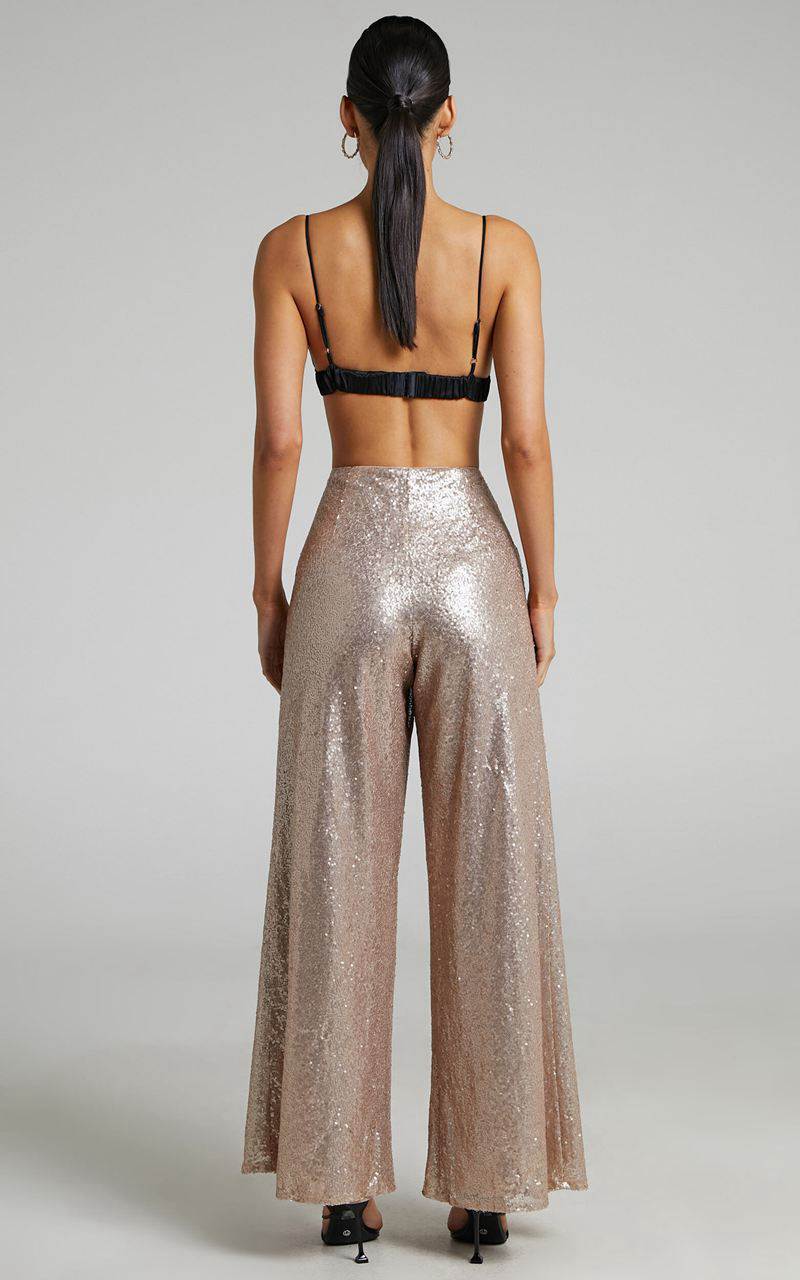 Showpo Looma Sequin Pants - High Waisted Super Wide Leg Pants Champagne | XQUAKT730