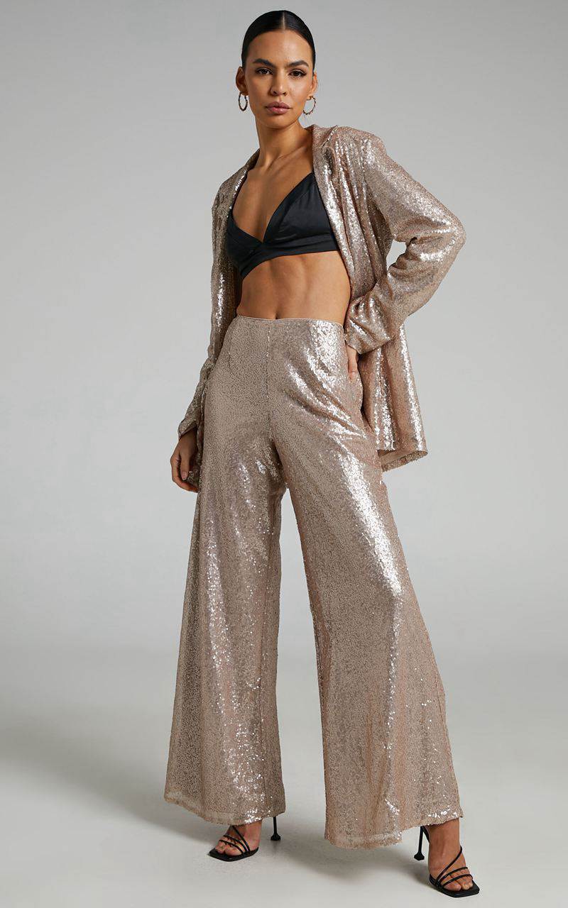 Showpo Looma Sequin Pants - High Waisted Super Wide Leg Pants Champagne | XQUAKT730