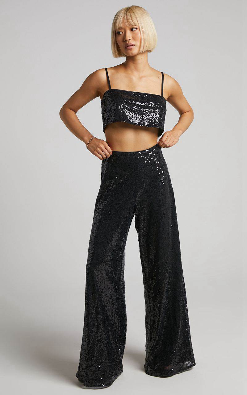 Showpo Looma Sequin Pants - High Waisted Super Wide Leg Pants Black | XMRVHE295