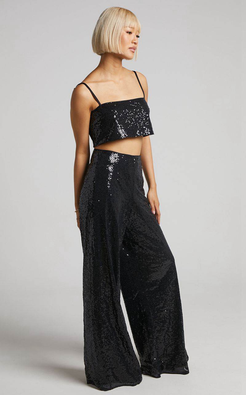 Showpo Looma Sequin Pants - High Waisted Super Wide Leg Pants Black | XMRVHE295