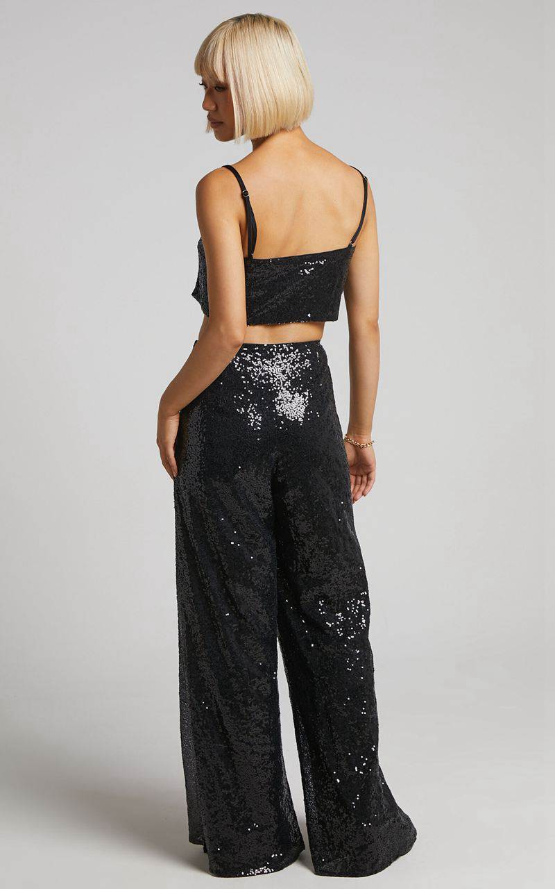 Showpo Looma Sequin Pants - High Waisted Super Wide Leg Pants Black | XMRVHE295