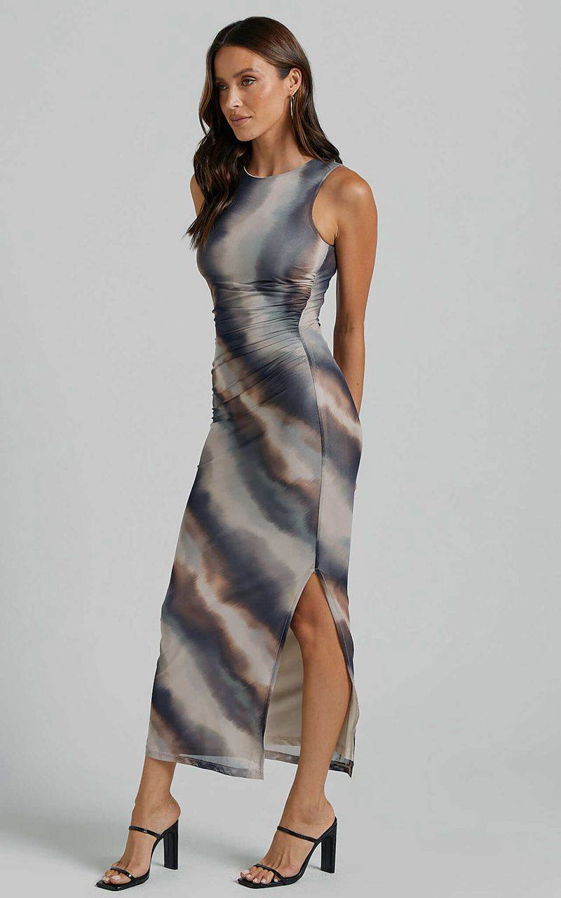 Showpo Loralie Midi Dress - Mesh High Neck Bodycon Dress Brown Tie Dye | TBDPZR743