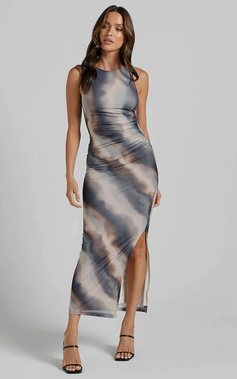 Showpo Loralie Midi Dress - Mesh High Neck Bodycon Dress Brown Tie Dye | TBDPZR743