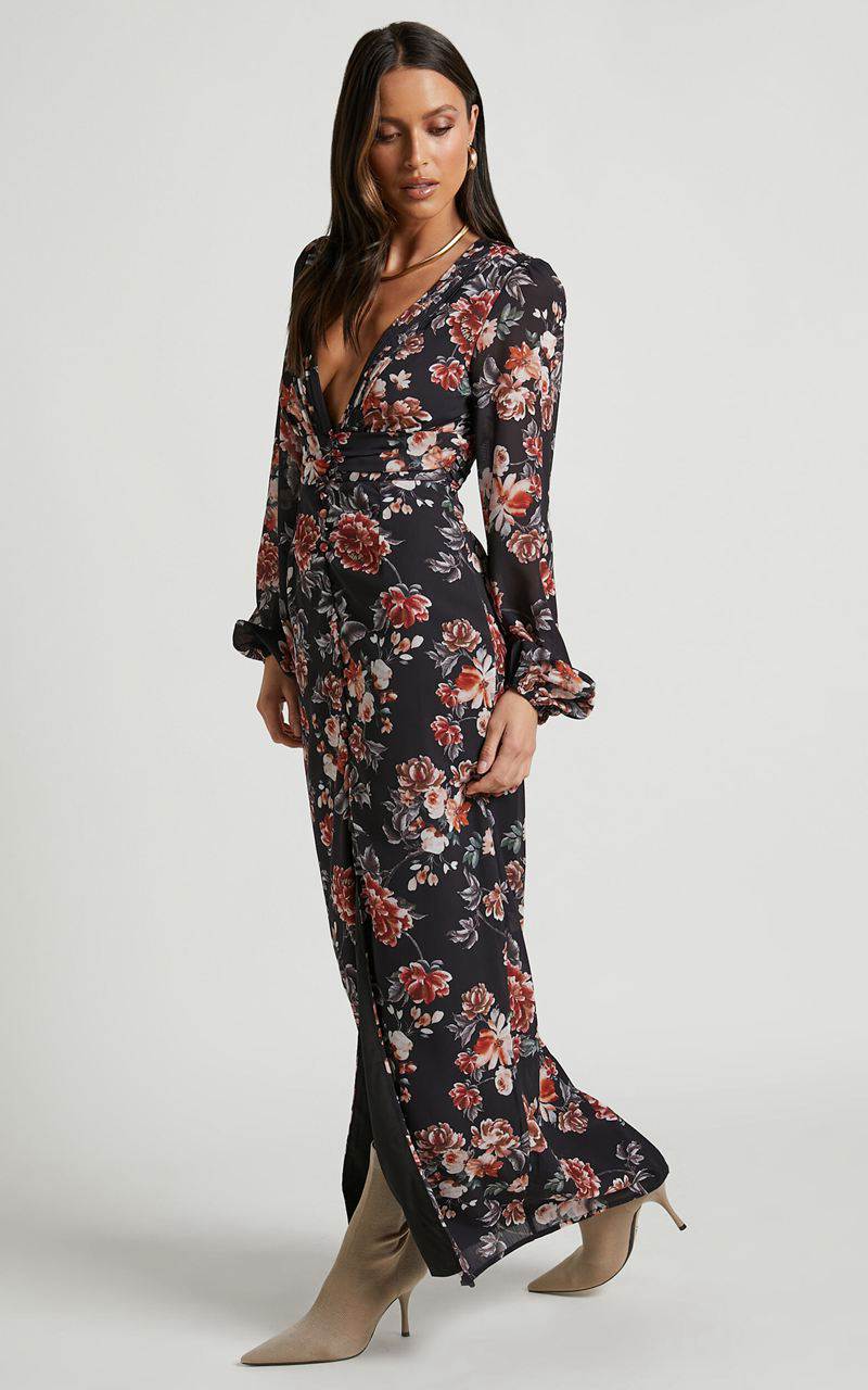 Showpo Lorelei Midi Dress - V Neck Balloon Sleeve Dress Noir Floral | RLZEVH807