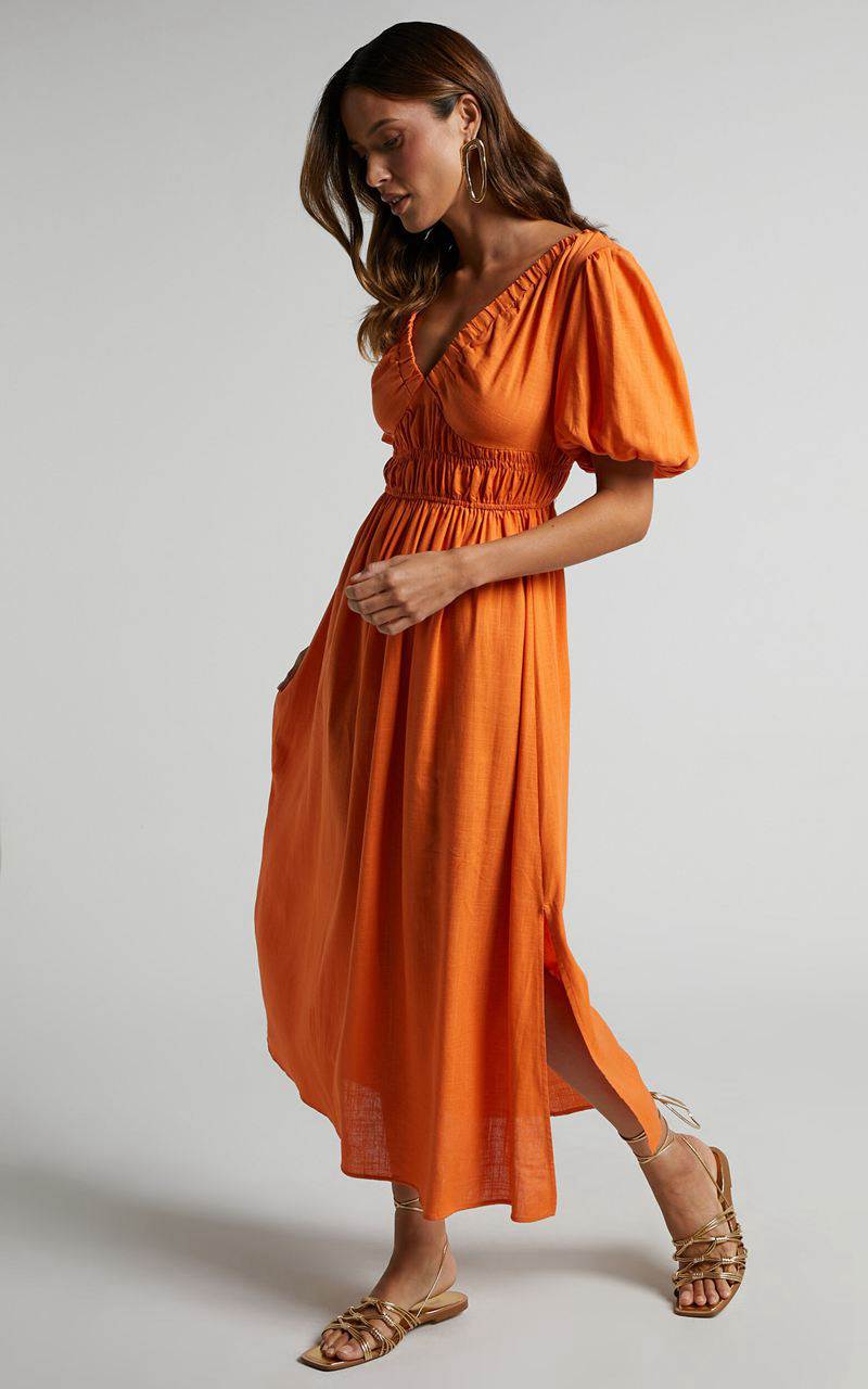 Showpo Lorella Midi Dress - Puff Sleeve Plunge Neck Dress Orange | HTLKYF078