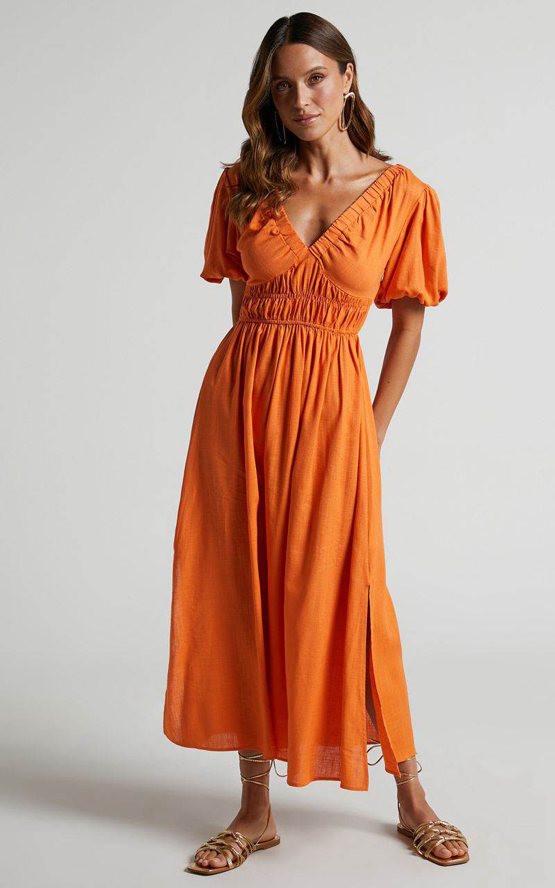 Showpo Lorella Midi Dress - Puff Sleeve Plunge Neck Dress Orange | HTLKYF078