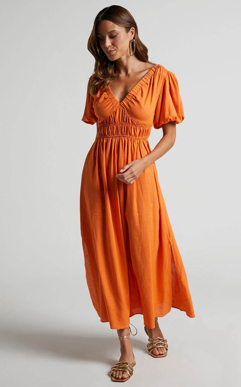 Showpo Lorella Midi Dress - Puff Sleeve Plunge Neck Dress Orange | HTLKYF078