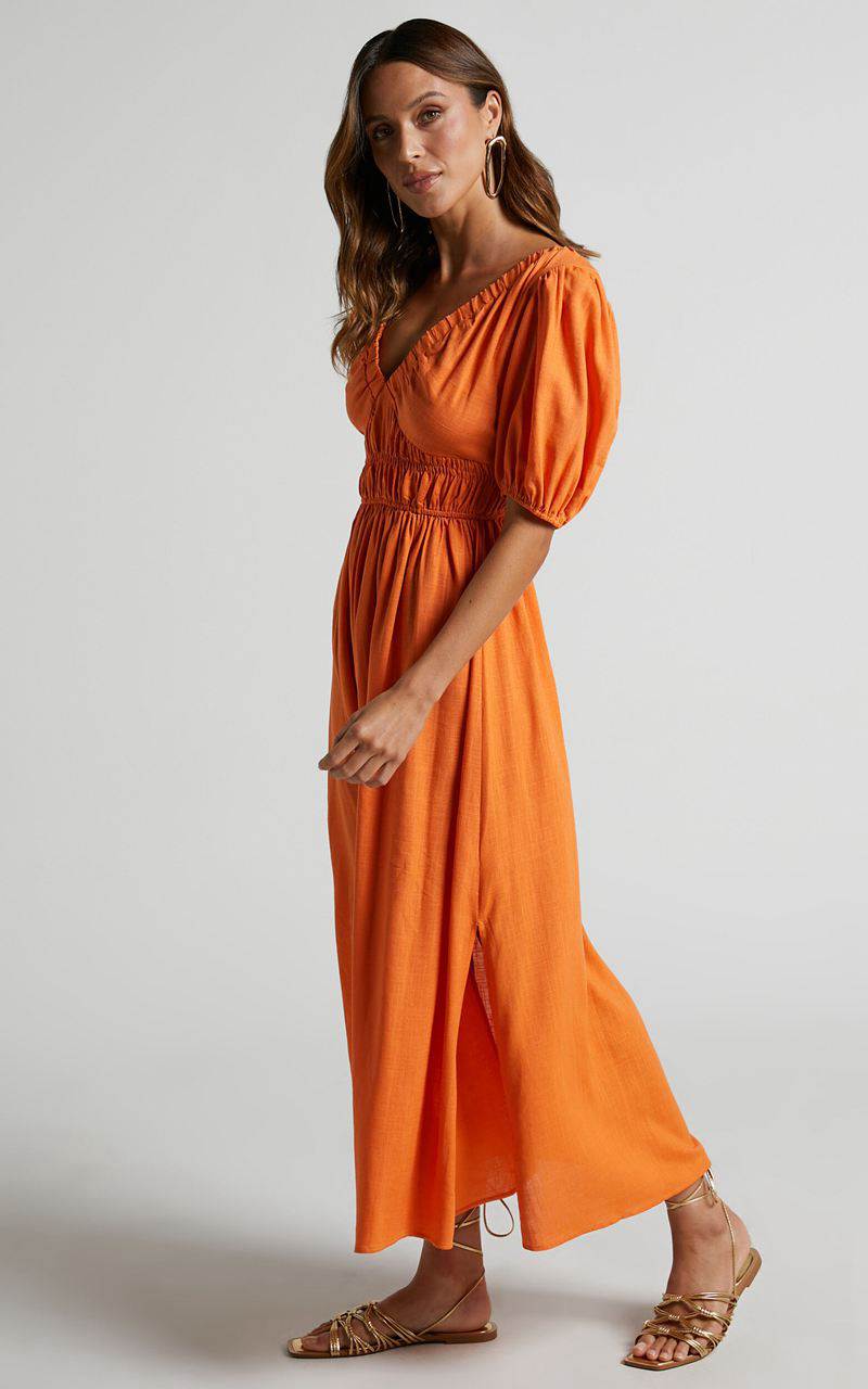 Showpo Lorella Midi Dress - Puff Sleeve Plunge Neck Dress Orange | HTLKYF078