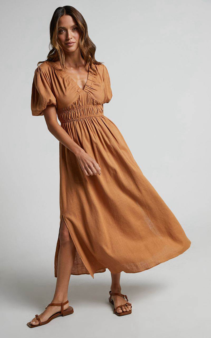 Showpo Lorella Midi Dress - Puff Sleeve Plunge Neck Dress Butterscotch | DVBTEZ518