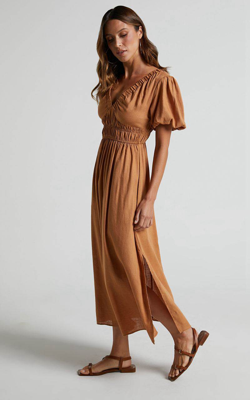 Showpo Lorella Midi Dress - Puff Sleeve Plunge Neck Dress Butterscotch | DVBTEZ518