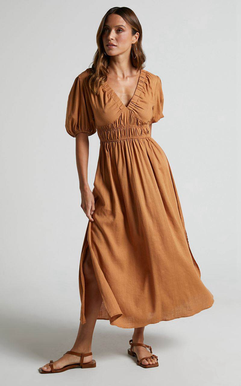 Showpo Lorella Midi Dress - Puff Sleeve Plunge Neck Dress Butterscotch | DVBTEZ518