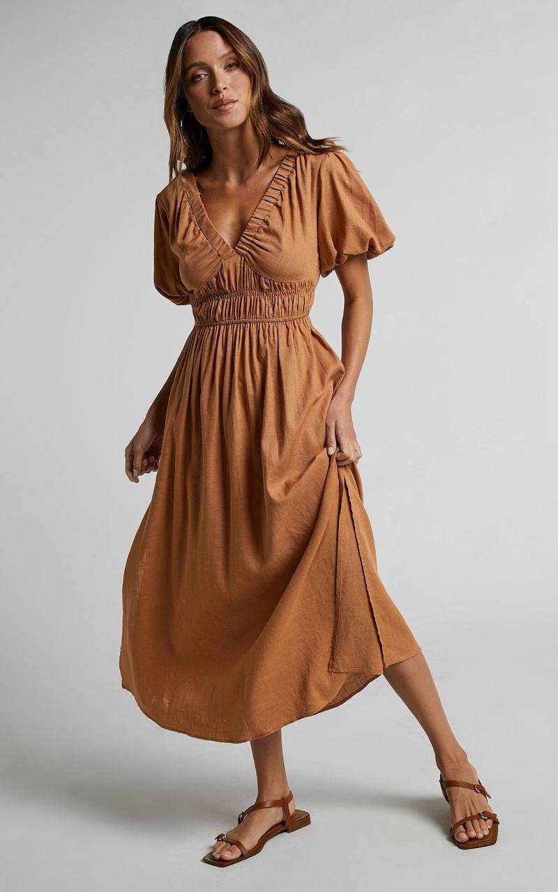 Showpo Lorella Midi Dress - Puff Sleeve Plunge Neck Dress Butterscotch | DVBTEZ518