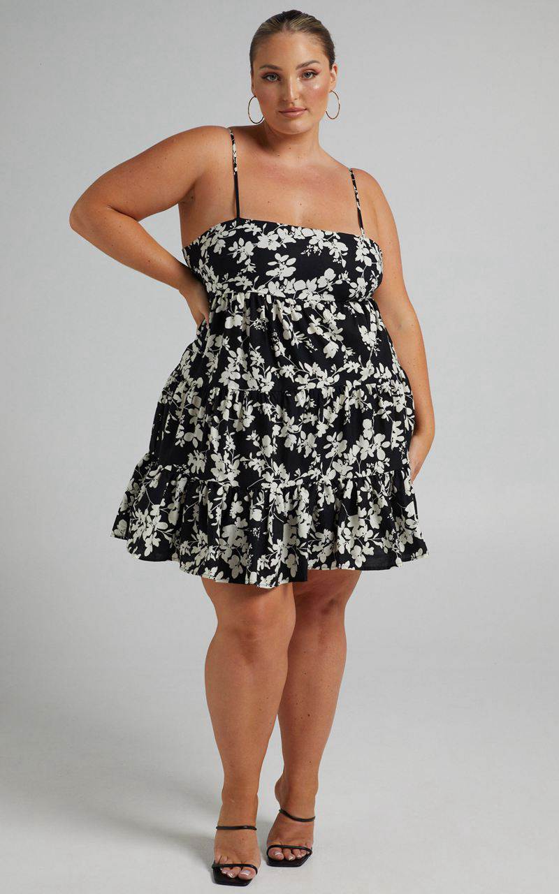 Showpo Lorelle Mini Dress - Straight Neck Tiered Dress Black Floral | MFTWAS650