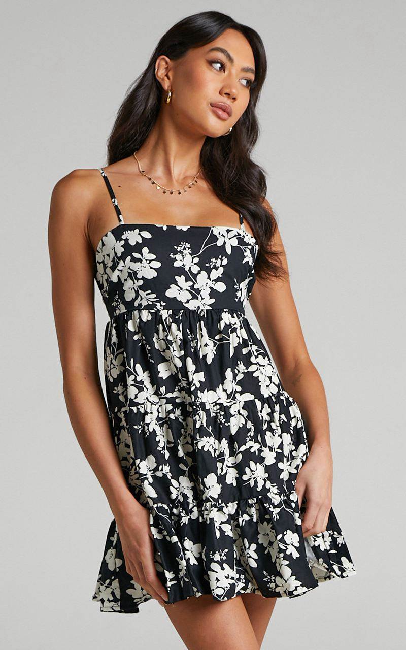 Showpo Lorelle Mini Dress - Straight Neck Tiered Dress Black Floral | MFTWAS650