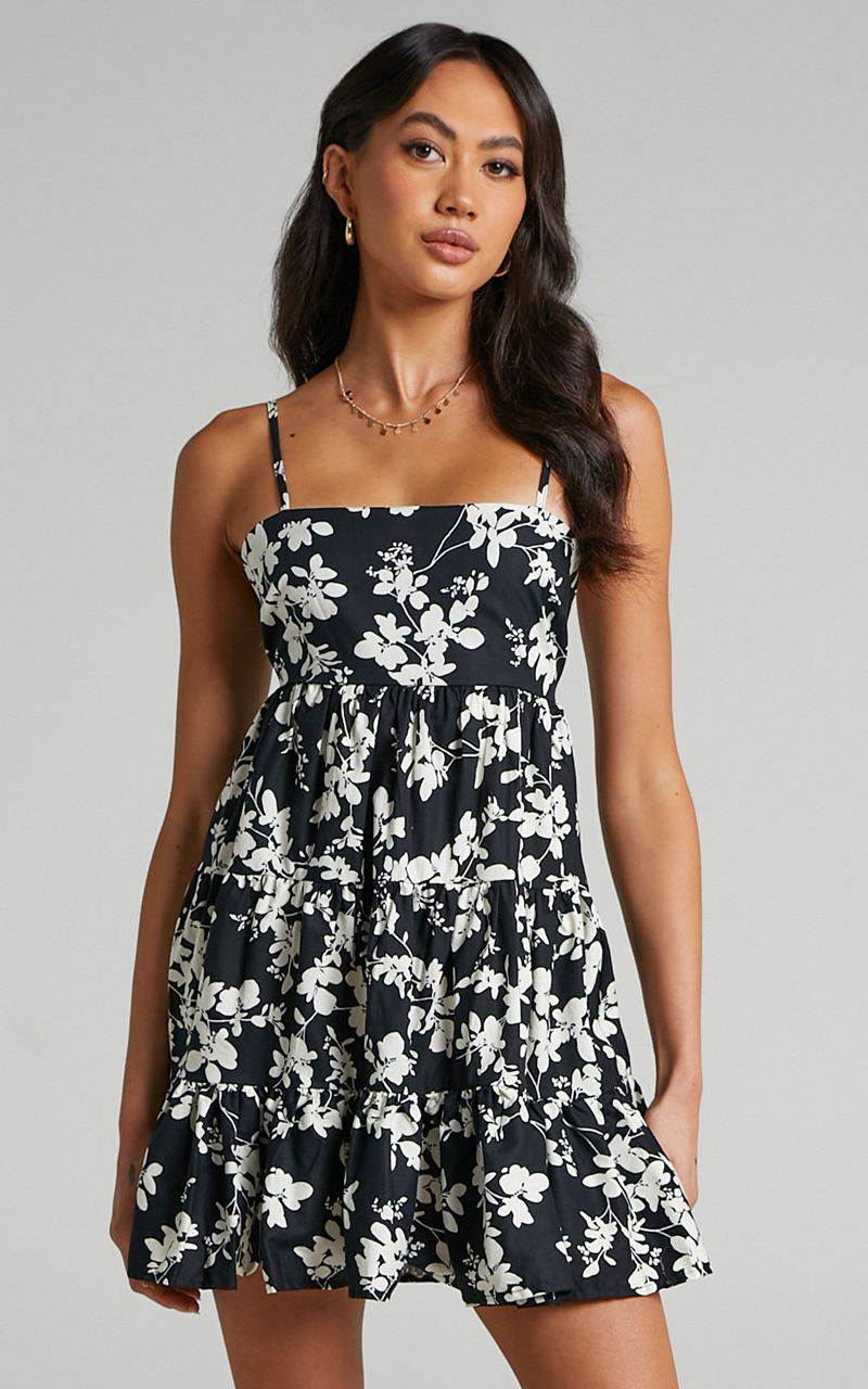 Showpo Lorelle Mini Dress - Straight Neck Tiered Dress Black Floral | MFTWAS650