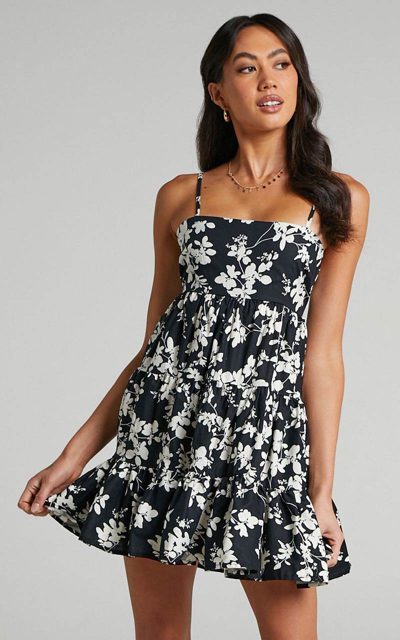 Showpo Lorelle Mini Dress - Straight Neck Tiered Dress Black Floral | MFTWAS650