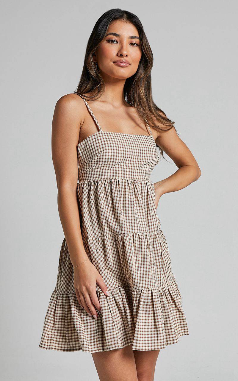 Showpo Lorelle Mini Dress - Straight Neck Tiered Dress Brown Check Gingham | EHYRNI635