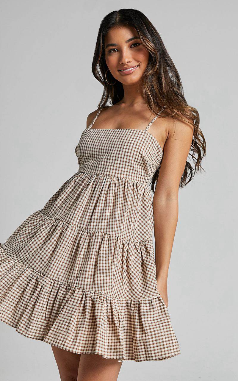 Showpo Lorelle Mini Dress - Straight Neck Tiered Dress Brown Check Gingham | EHYRNI635