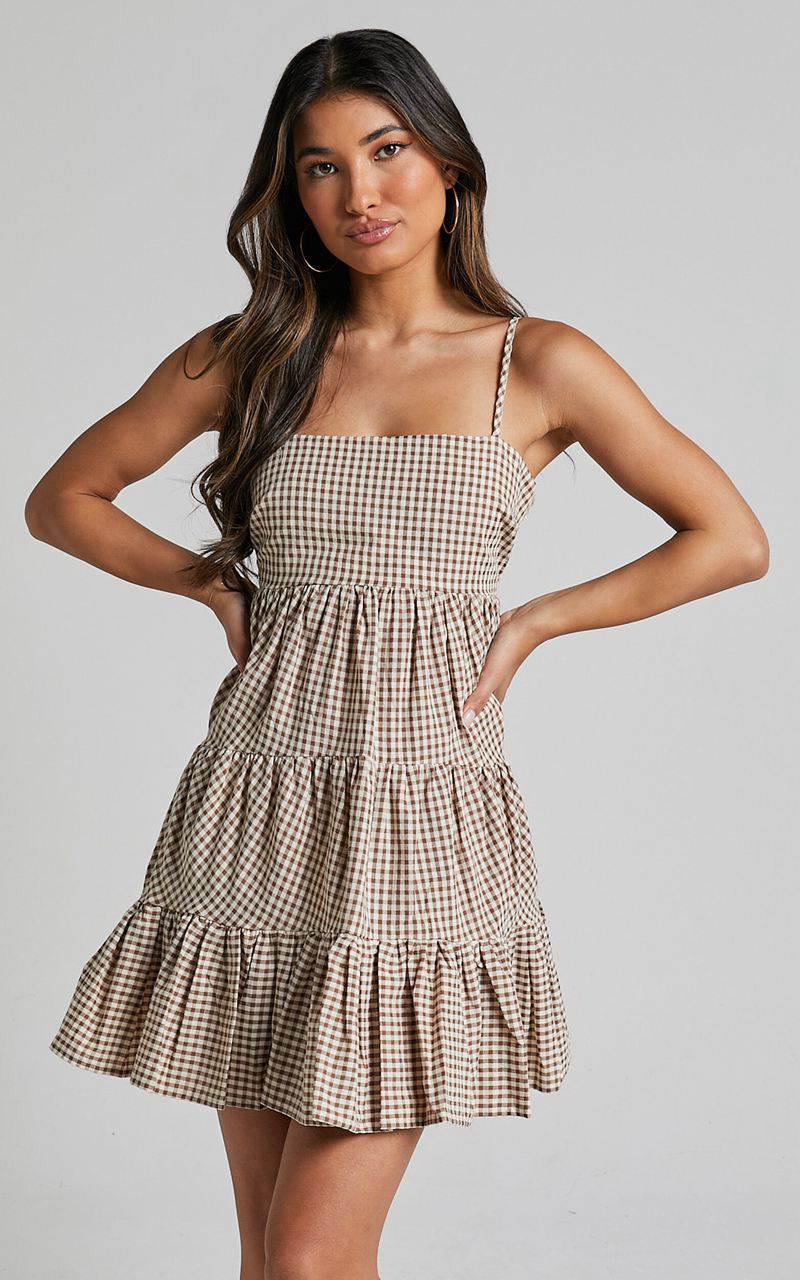 Showpo Lorelle Mini Dress - Straight Neck Tiered Dress Brown Check Gingham | EHYRNI635