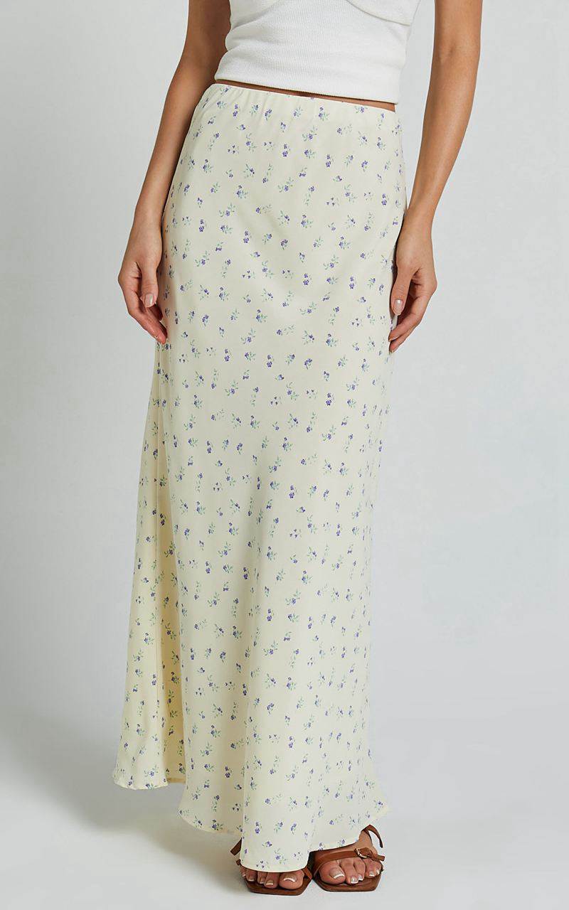 Showpo Lorin Midi Skirt - Mid Waist Slip Skirt Cream And Lilac Floral | KIODLZ734