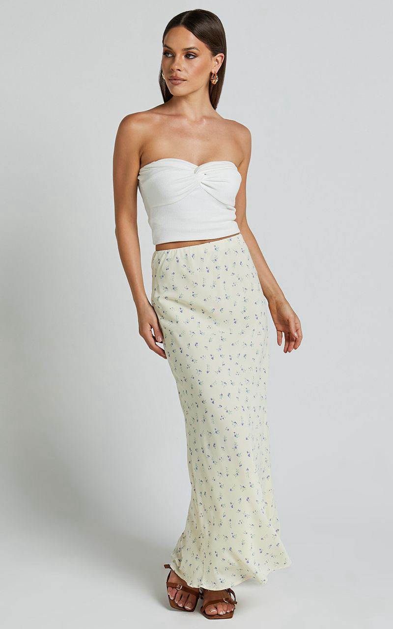 Showpo Lorin Midi Skirt - Mid Waist Slip Skirt Cream And Lilac Floral | KIODLZ734