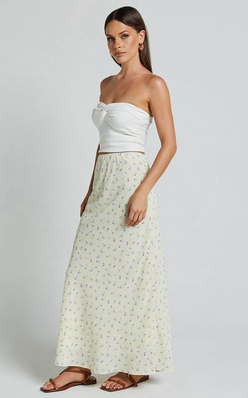 Showpo Lorin Midi Skirt - Mid Waist Slip Skirt Cream And Lilac Floral | KIODLZ734