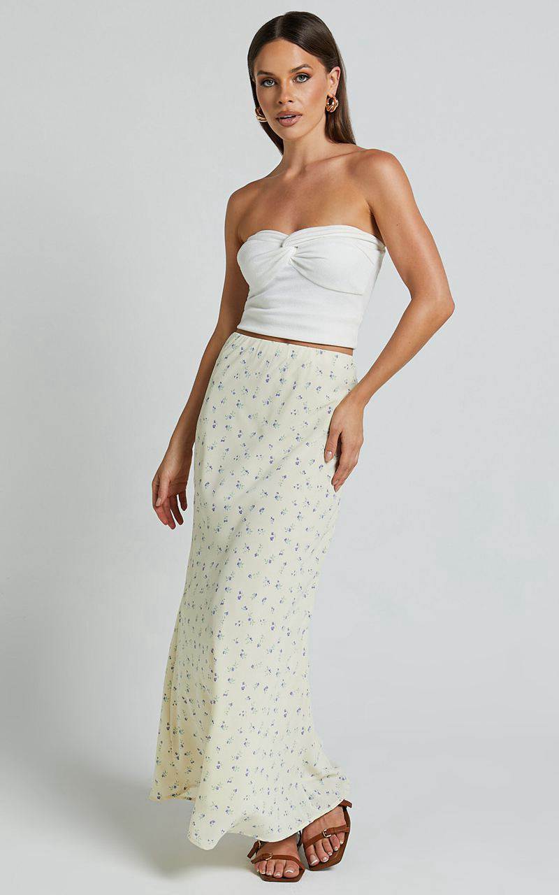 Showpo Lorin Midi Skirt - Mid Waist Slip Skirt Cream And Lilac Floral | KIODLZ734