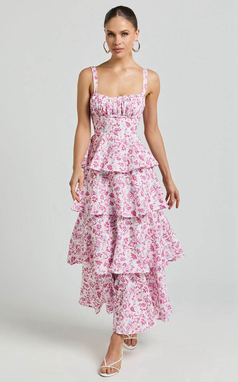 Showpo Lorma Midi Dress - Ruched Layered Dress Pink Floral | IEWRMK895