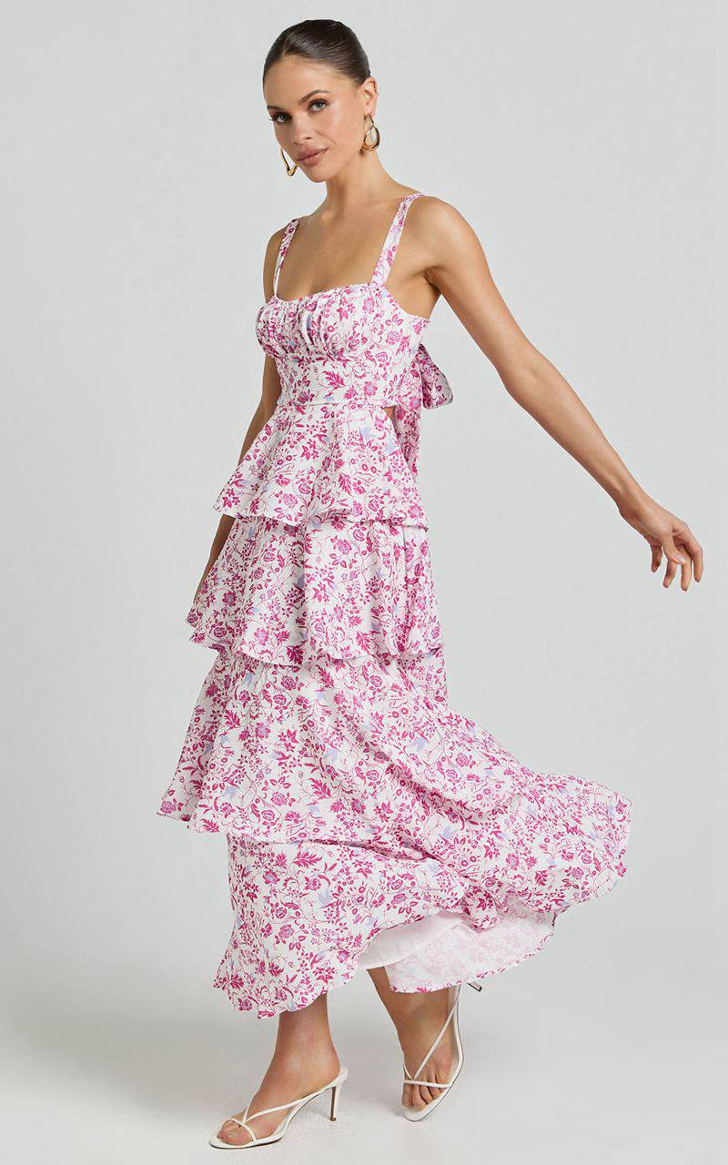 Showpo Lorma Midi Dress - Ruched Layered Dress Pink Floral | IEWRMK895