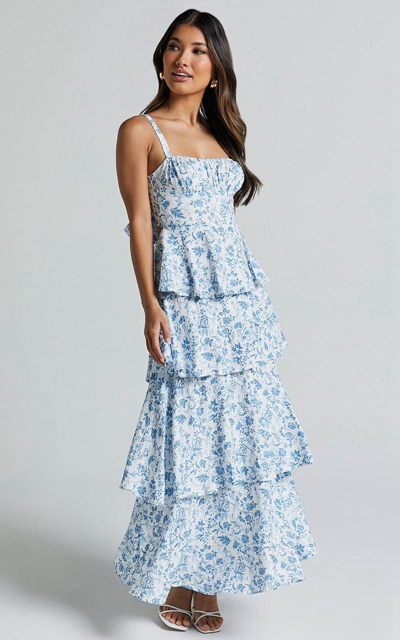 Showpo Lorma Midi Dress - Ruched Layered Dress Blue Floral | SCIARZ678