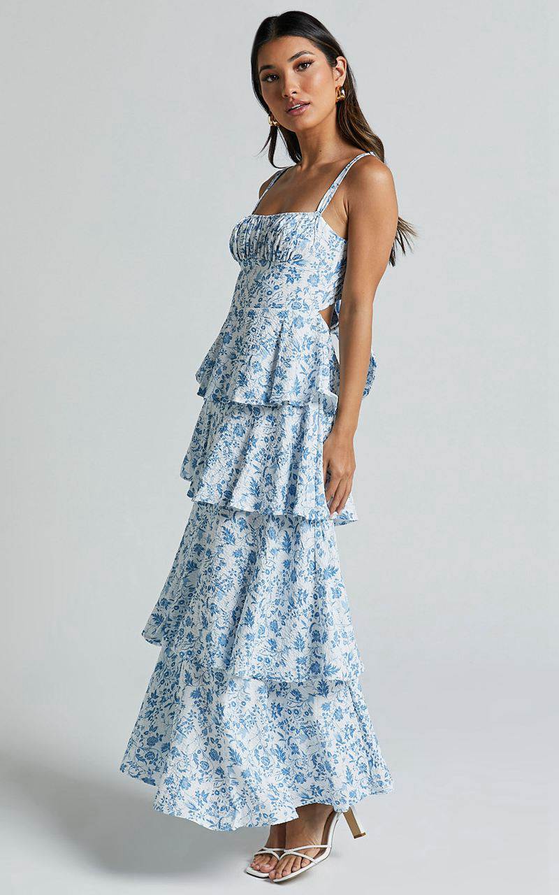 Showpo Lorma Midi Dress - Ruched Layered Dress Blue Floral | SCIARZ678