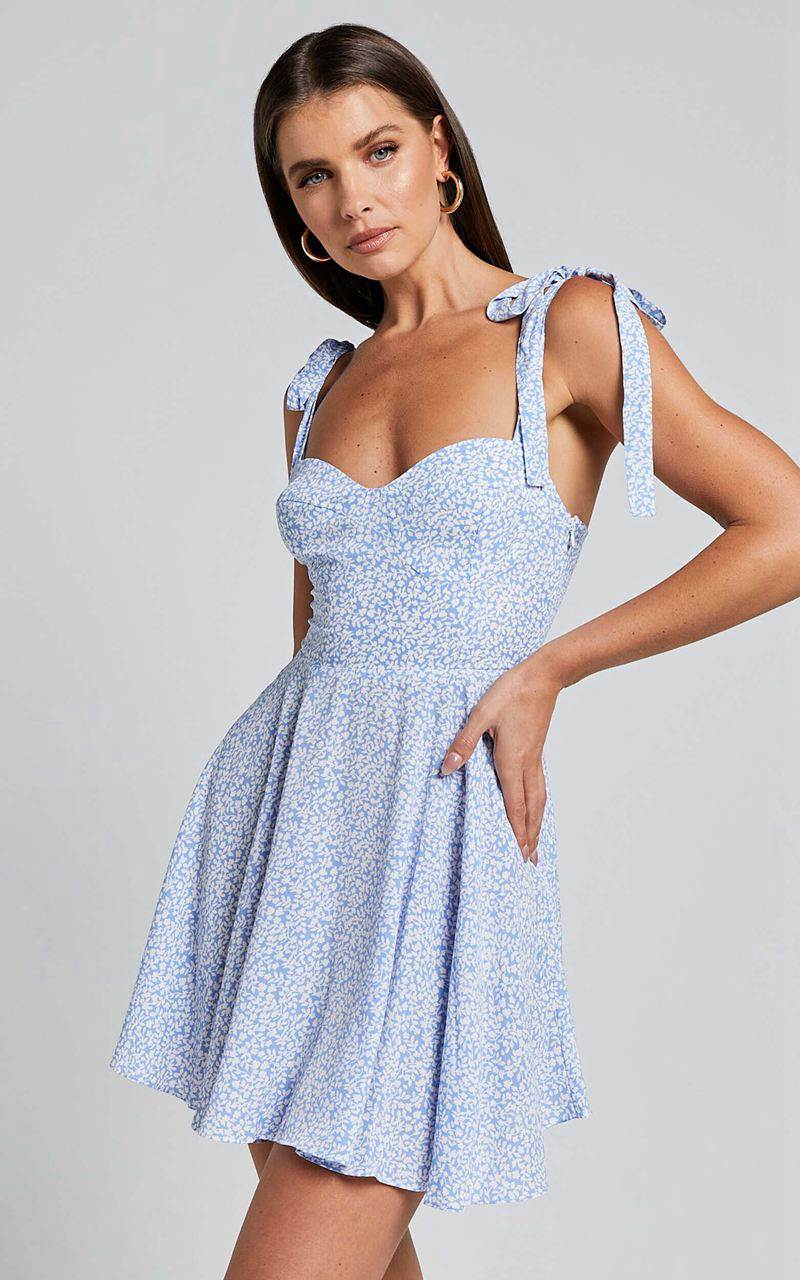 Showpo Lorreta Mini Dress - Tie Shoulder Sweetheart Dress Dusty Blue Floral | LRCHMQ293