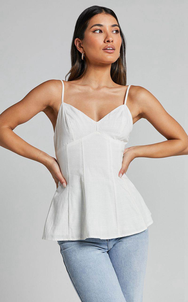 Showpo Louella Top - Strappy Panel Seam Peplum Cami White | JWRTEP593