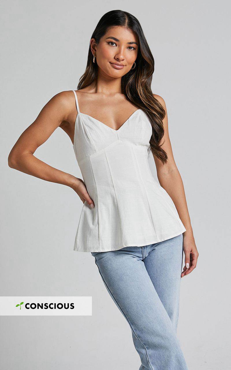 Showpo Louella Top - Strappy Panel Seam Peplum Cami White | JWRTEP593