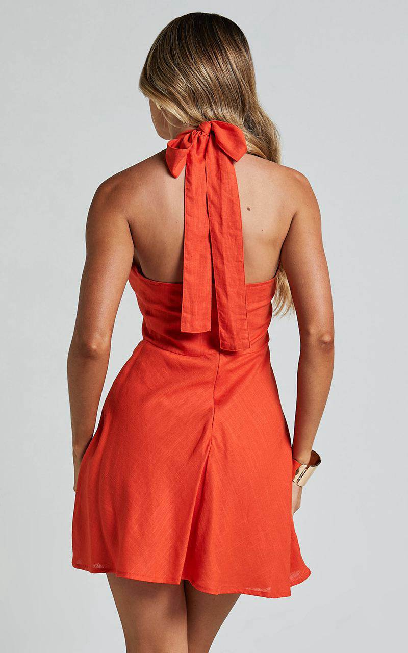 Showpo Louie Mini Dress - Linen Look Halter Neck Dress Orange | JFTLKY309