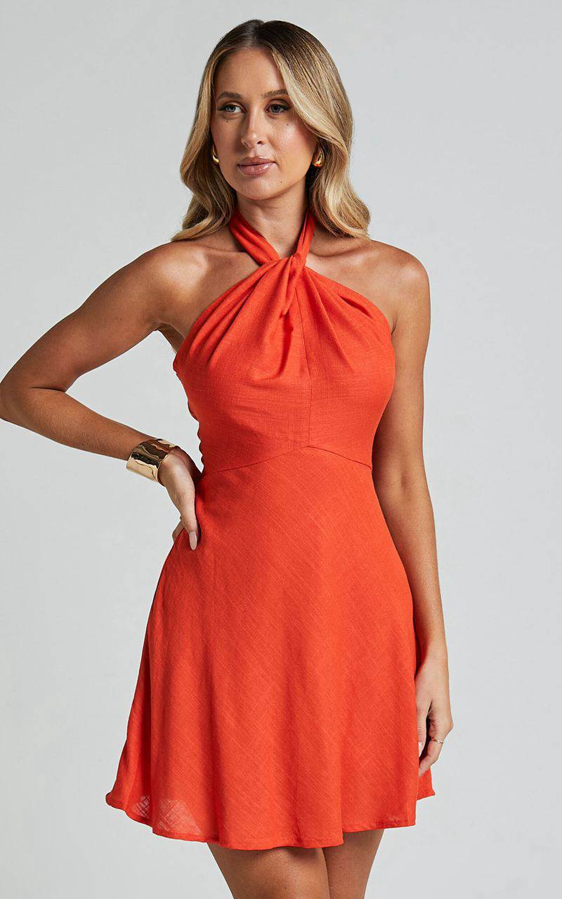 Showpo Louie Mini Dress - Linen Look Halter Neck Dress Orange | JFTLKY309