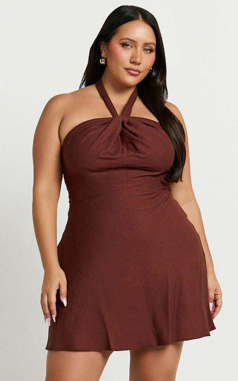 Showpo Louie Mini Dress - Linen Look Halter Neck Dress Chocolate | QLWYUA728