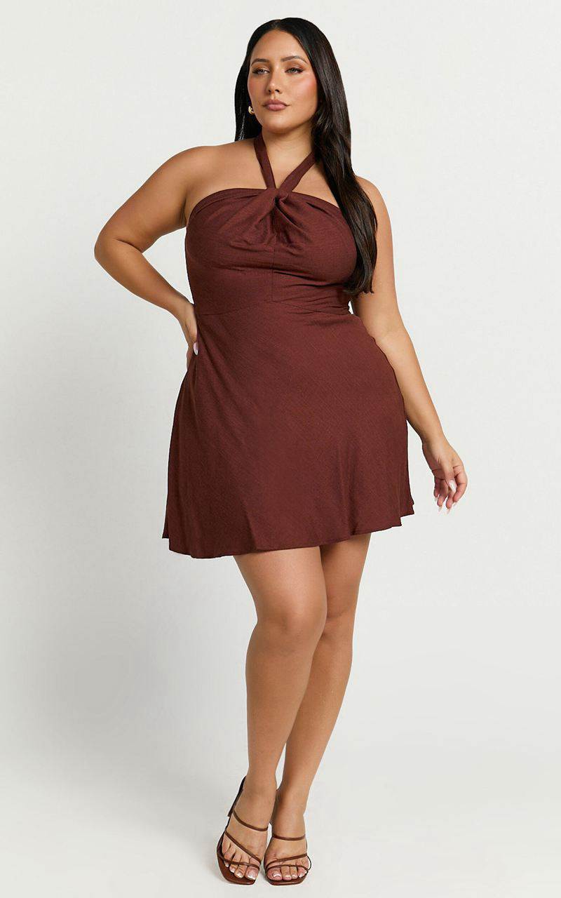 Showpo Louie Mini Dress - Linen Look Halter Neck Dress Chocolate | QLWYUA728